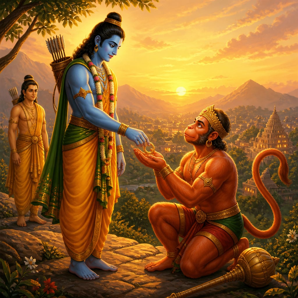 Rama places his gold signet ring into the upturned palms of Hanuman kneeling before him at sunrise.