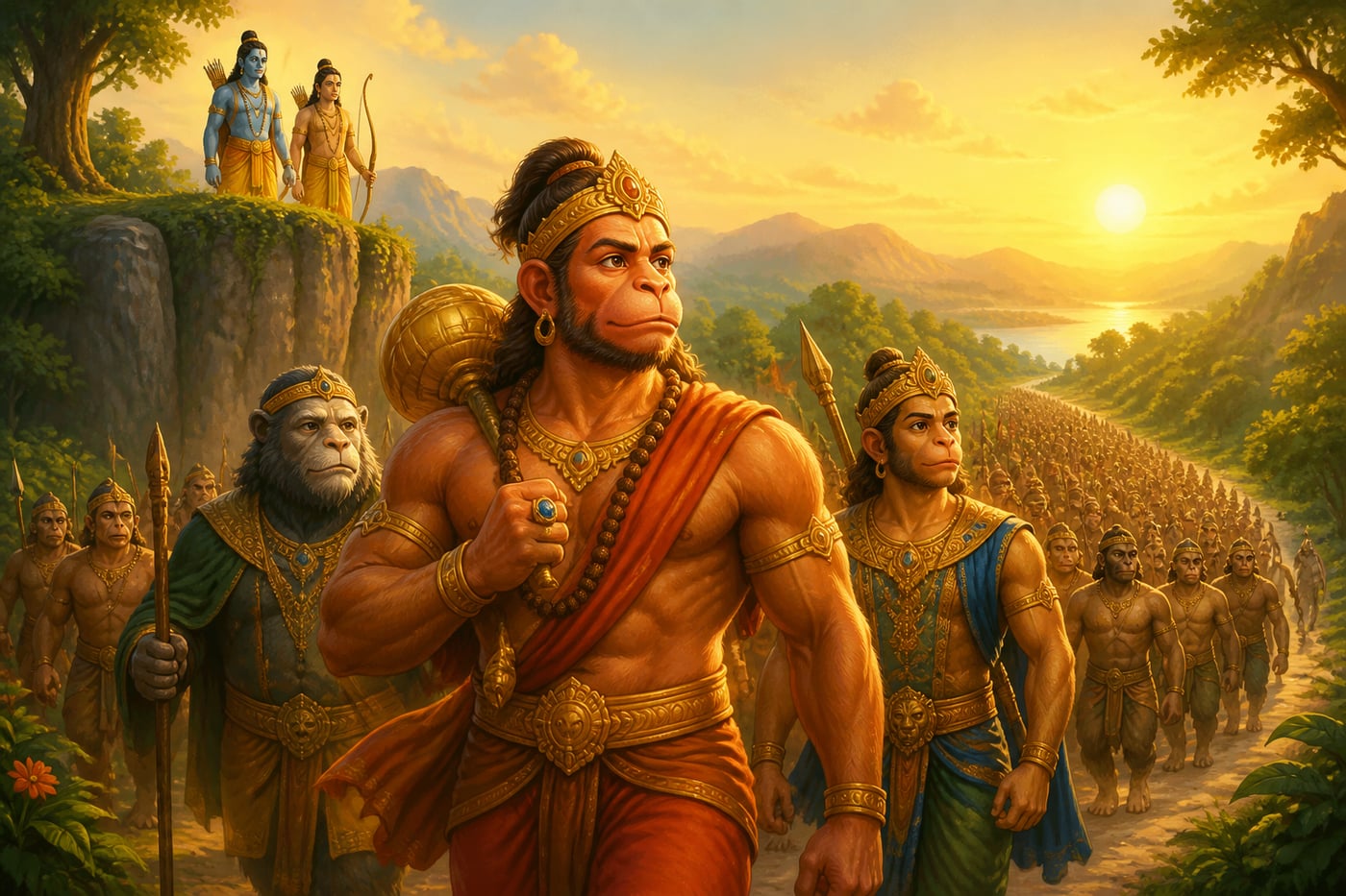 Hanuman, ring on his finger, leads the southern party out of Kishkindha