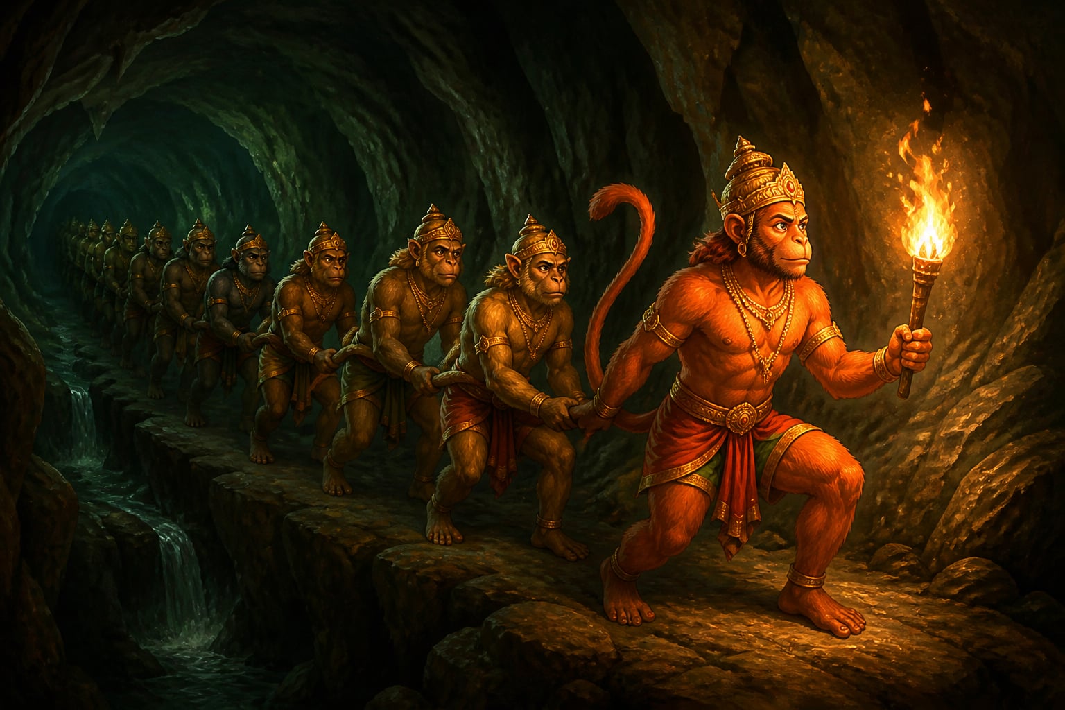 Vanaras form a chain through the dark underground cavern