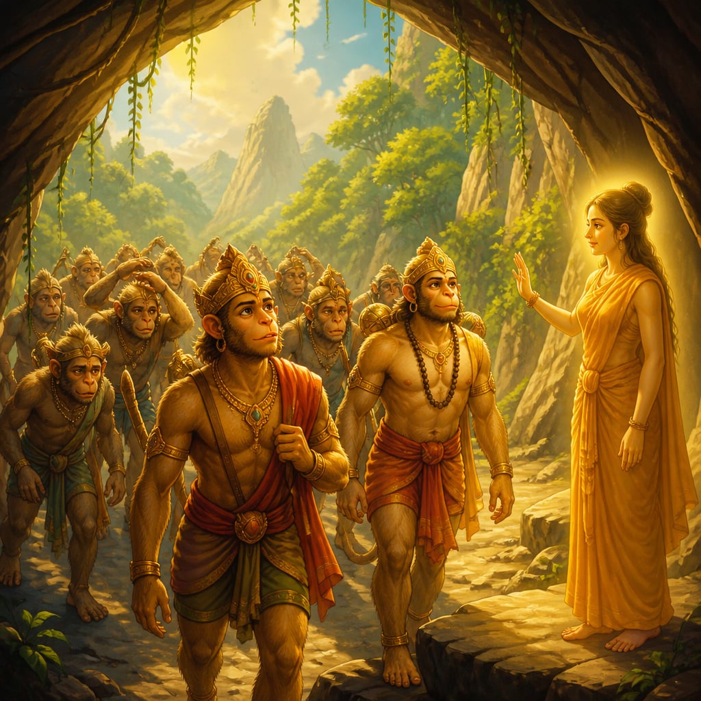The weary vanara warriors emerge from the dark cave into bright forest sunlight as Svayamprabha bids them farewell.