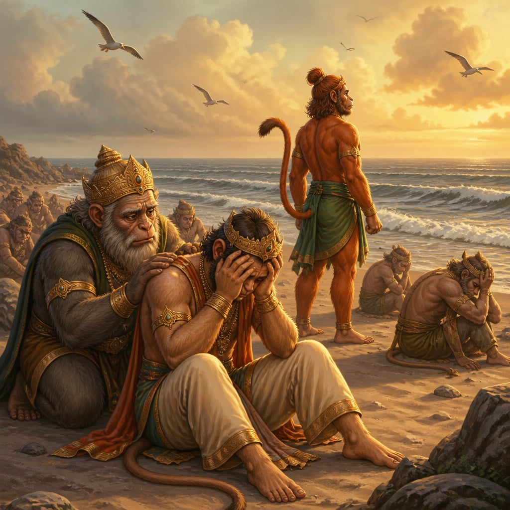 Angada sits collapsed on the southern shore with Hanuman gazing at the ocean and Jambavan kneeling beside him.
