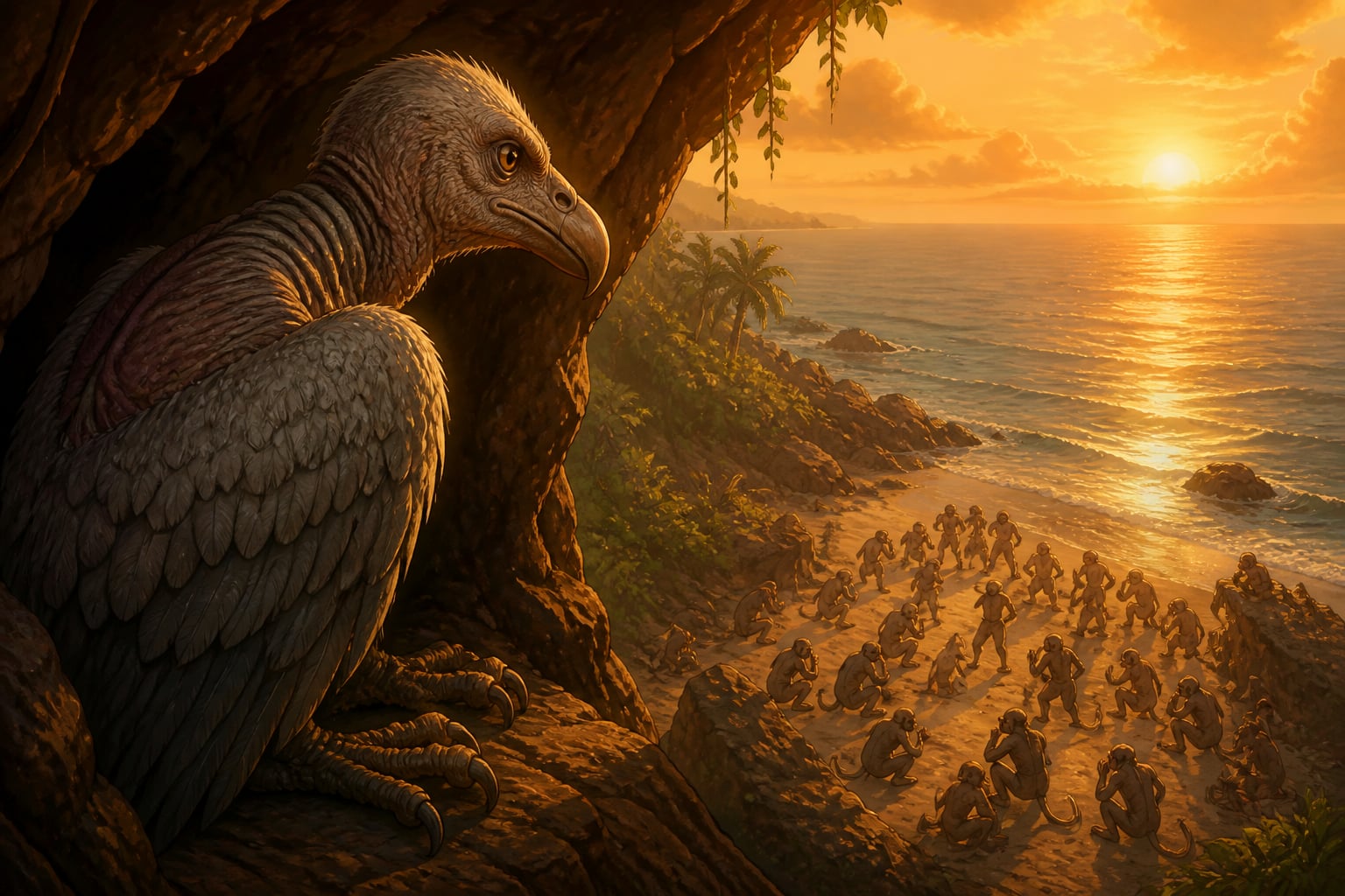 Sampati the wingless vulture watches from a cliff cave
