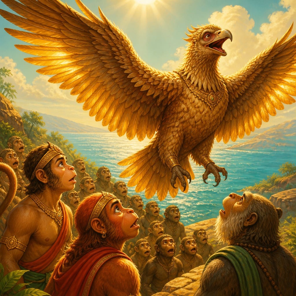 Sampati lifts from the southern shore with newly regrown golden wings as the vanaras watch in wonder.