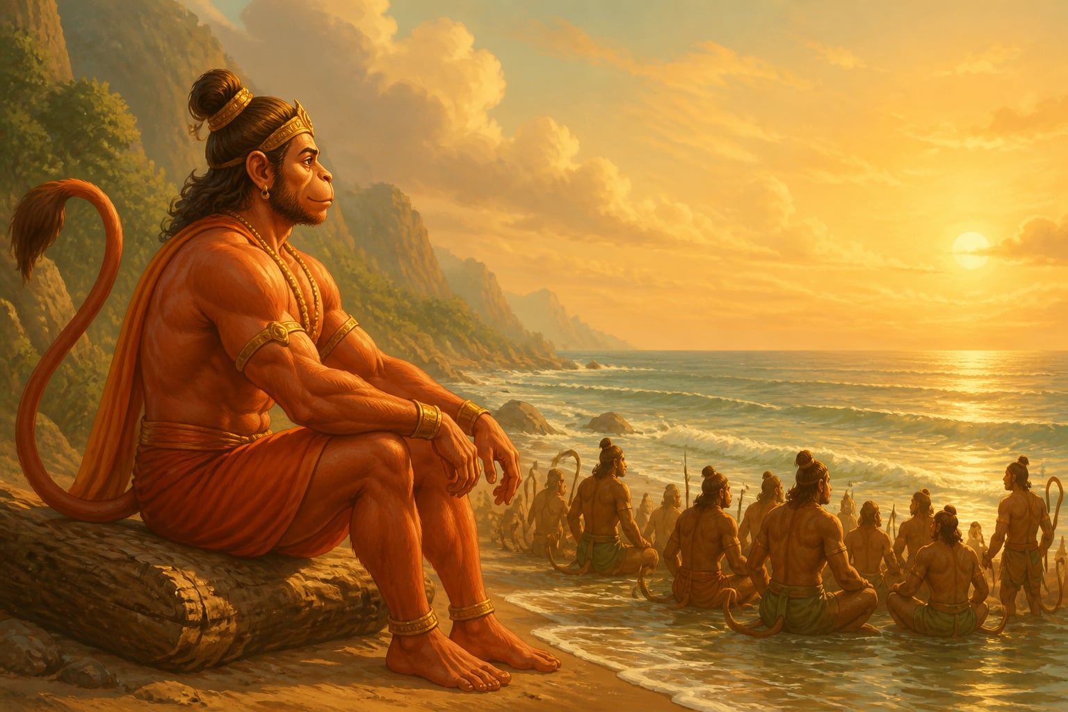 Hanuman sits apart, gazing across the southern ocean
