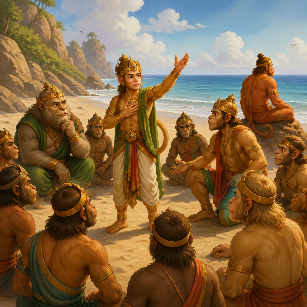 The vanara captains gather in a circle on the beach declaring their leap distances while Hanuman sits silent at the edge.