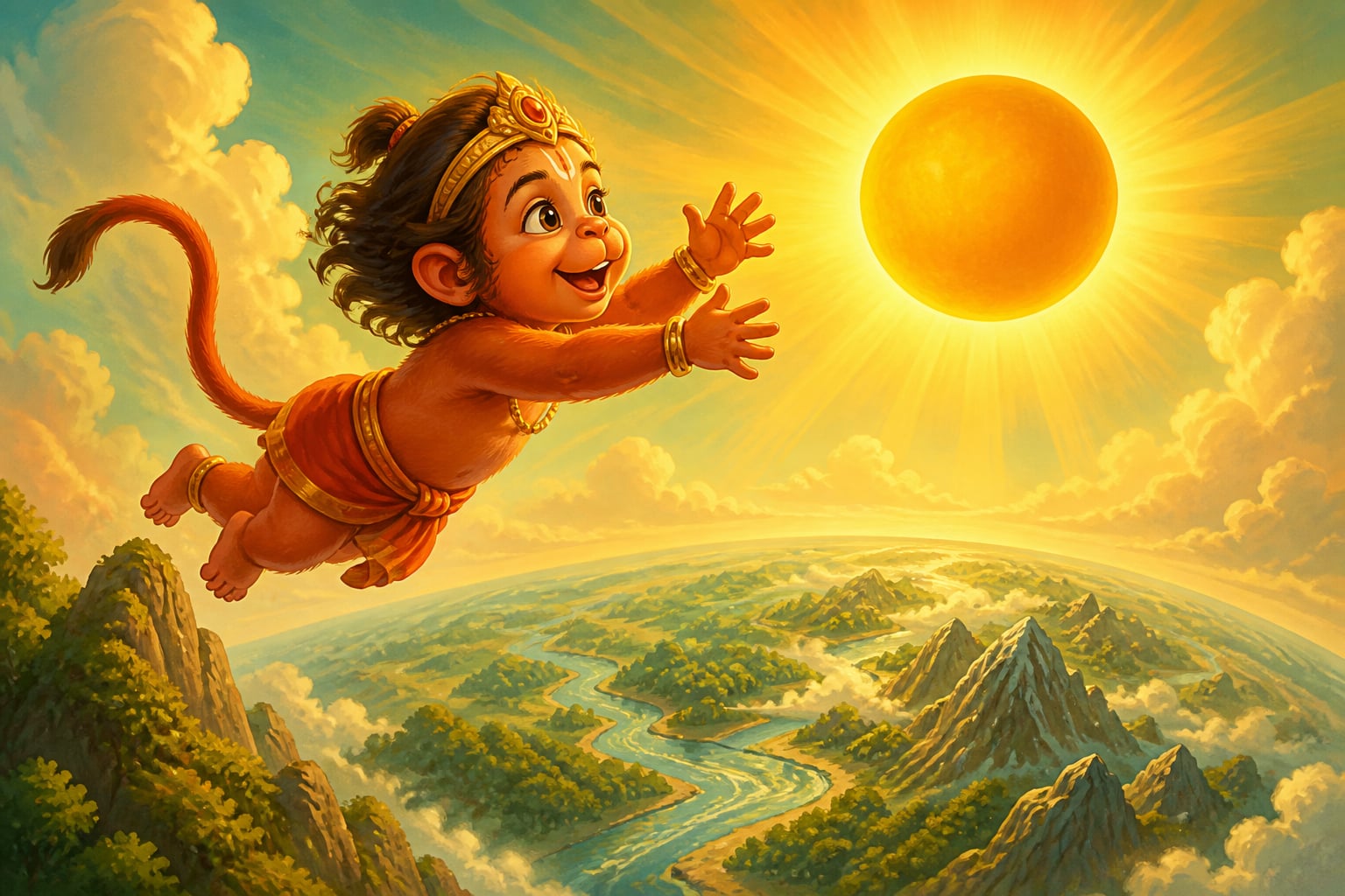 The child Hanuman leaps toward the rising sun