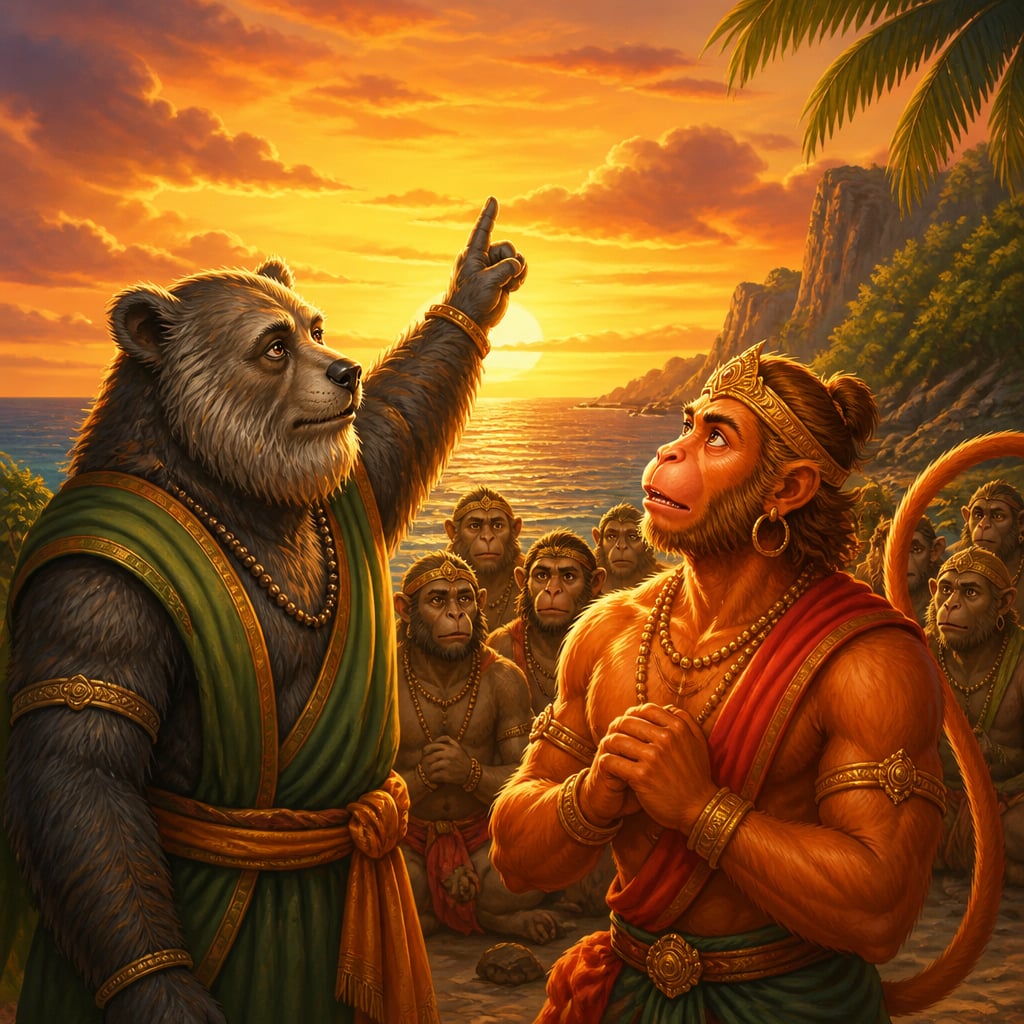 Jambavan stands before Hanuman with paw raised skyward as Hanuman listens with dawning recognition.