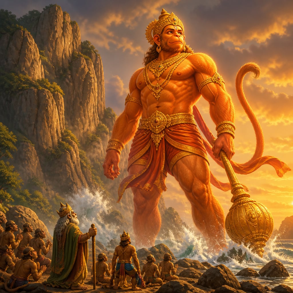 Hanuman grows to colossal mountain size on the shore as Jambavan, Angada and the vanaras kneel below in awe.