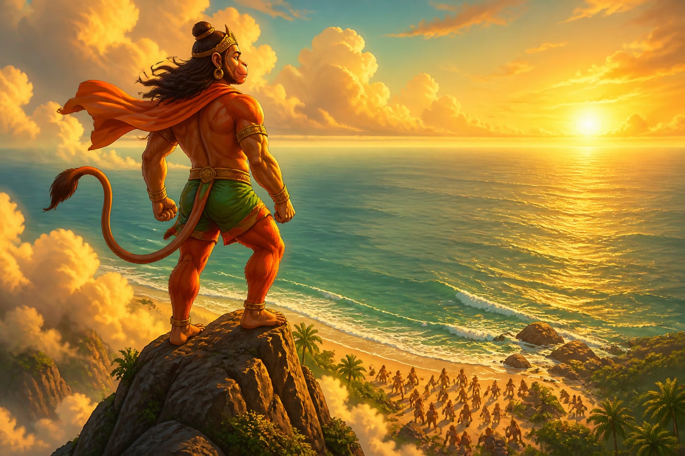 Hanuman stands at the summit of Mount Mahendra