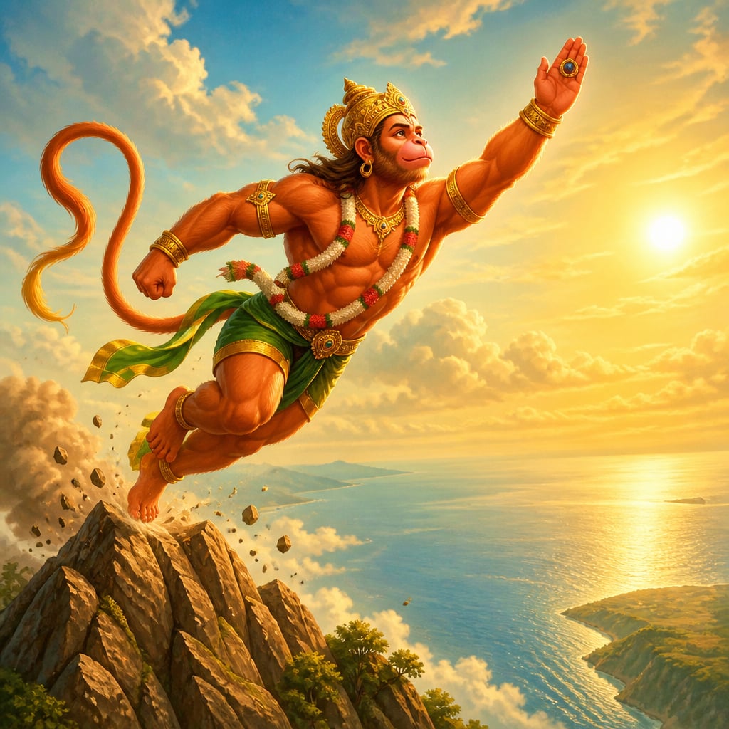 Hanuman leaps from the trembling peak of Mount Mahendra into the morning sky toward Lanka.