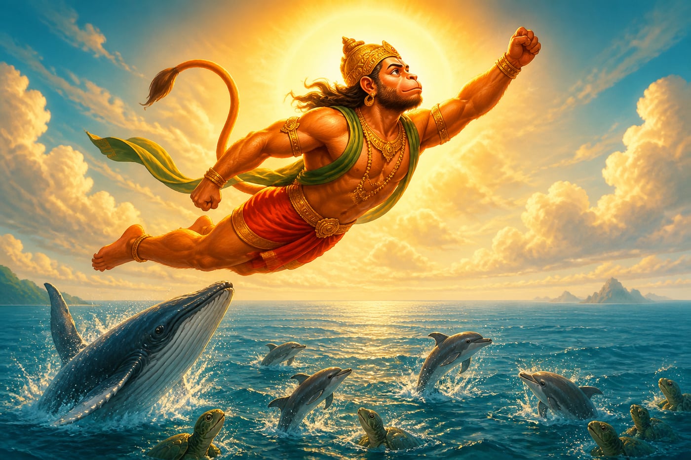 Hanuman soars high above the southern ocean