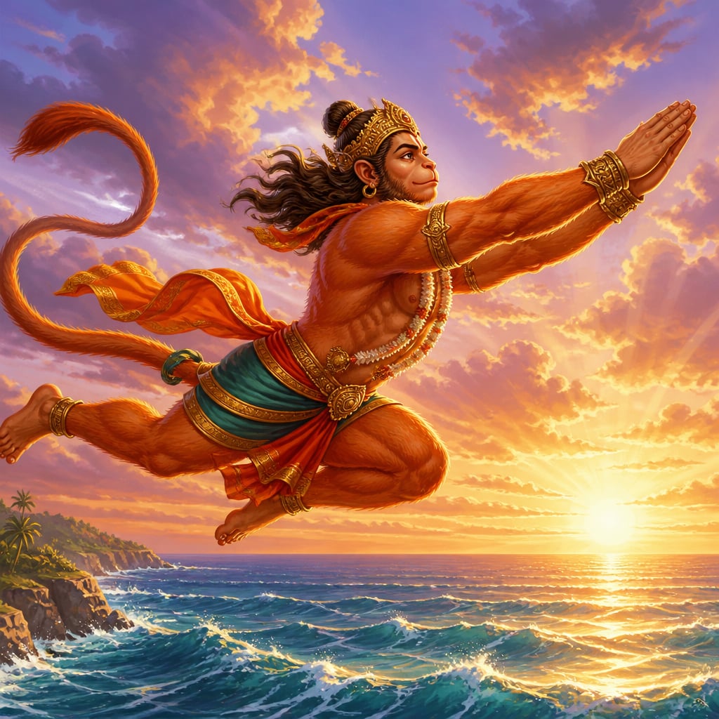 Hanuman in mid-leap above the open ocean at sunrise, eyes fixed on the southern horizon.
