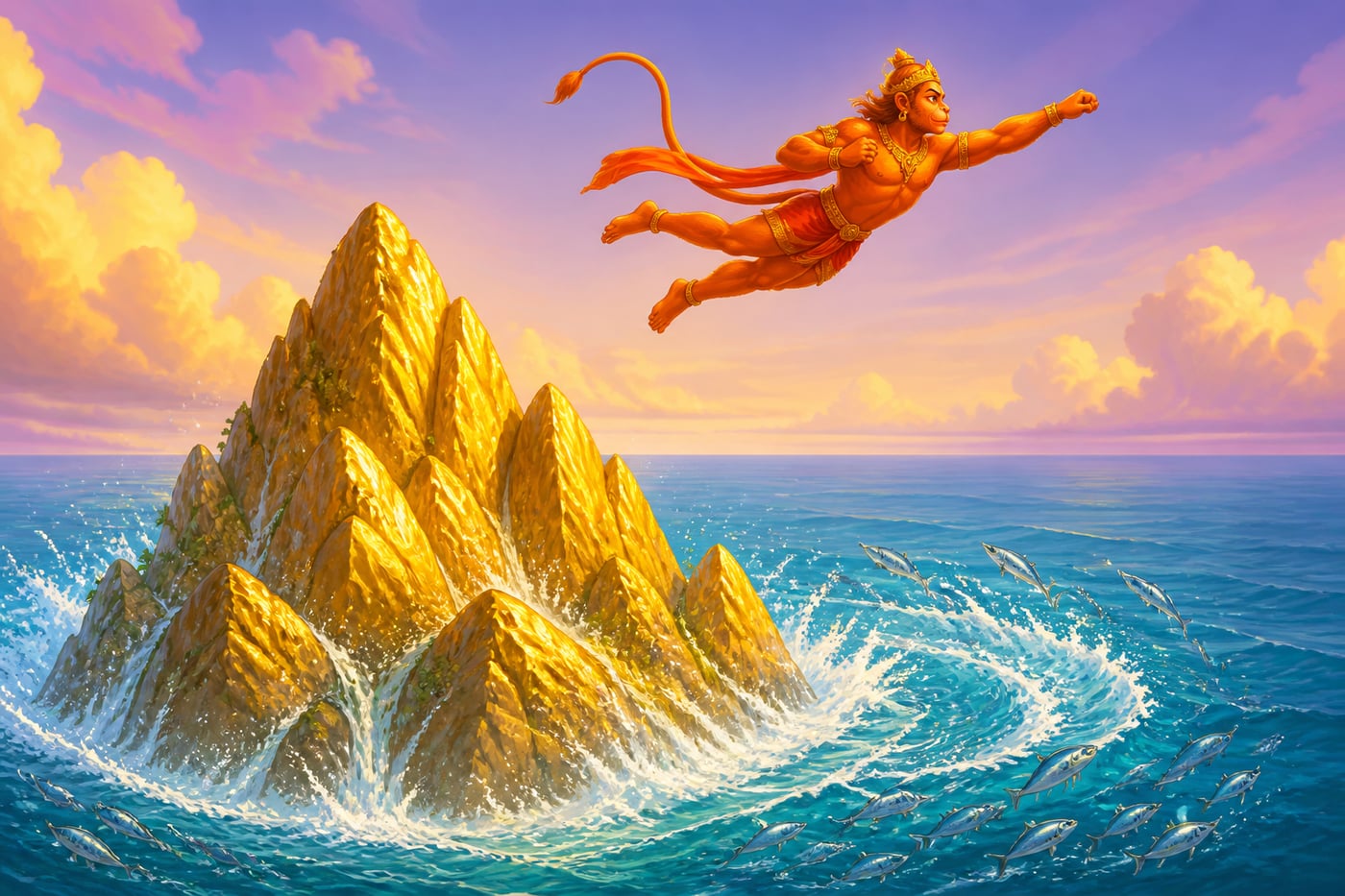 Mainaka golden mountain rising to offer Hanuman rest