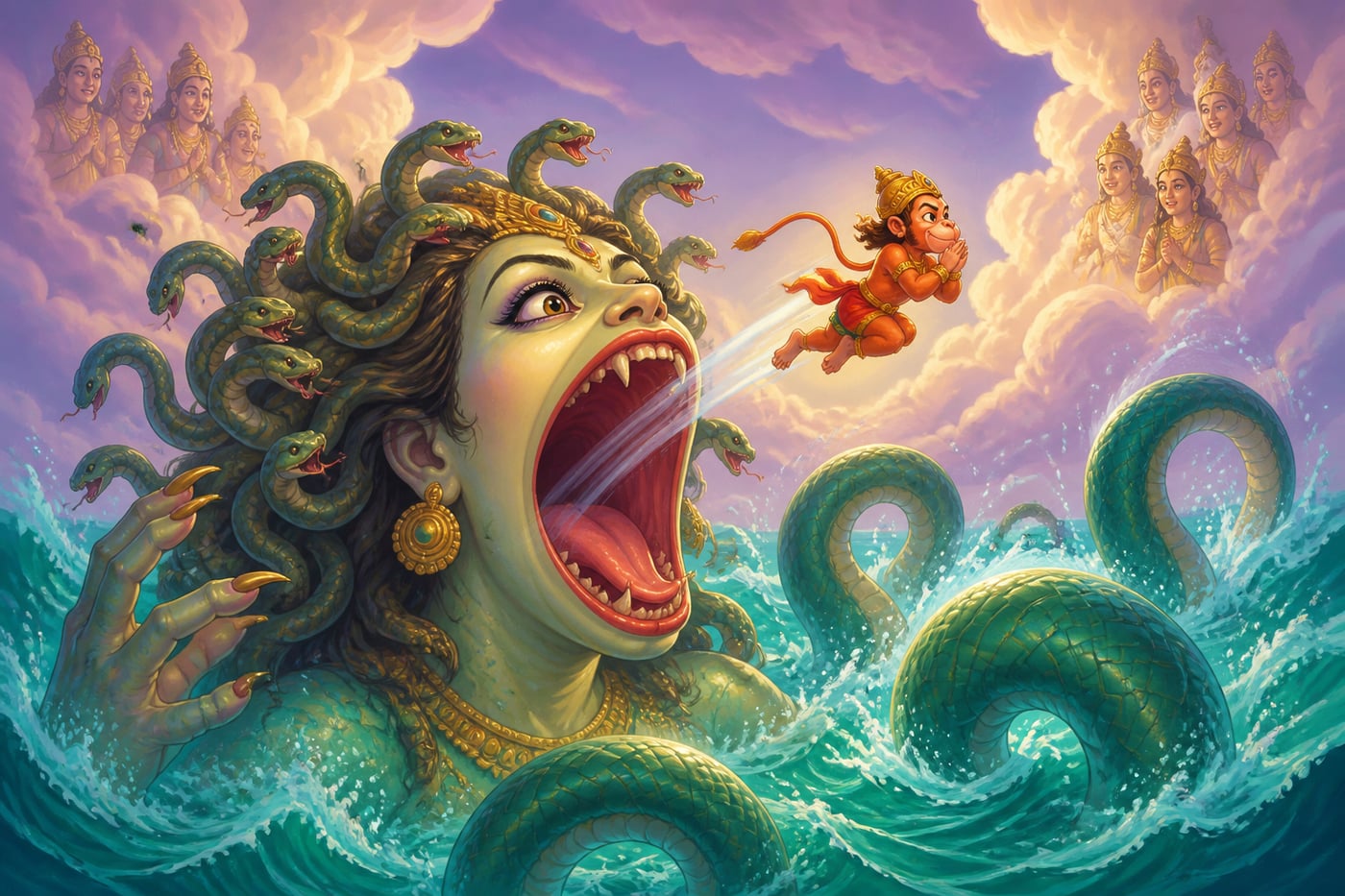 Hanuman shrinking to dart through Surasa's open jaws
