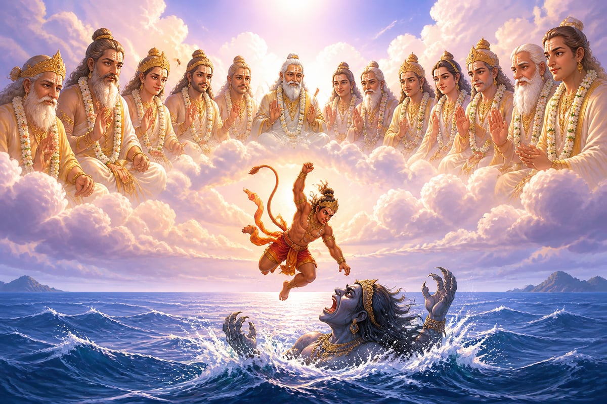 Siddhas in clouds watching Hanuman defeat Simhika