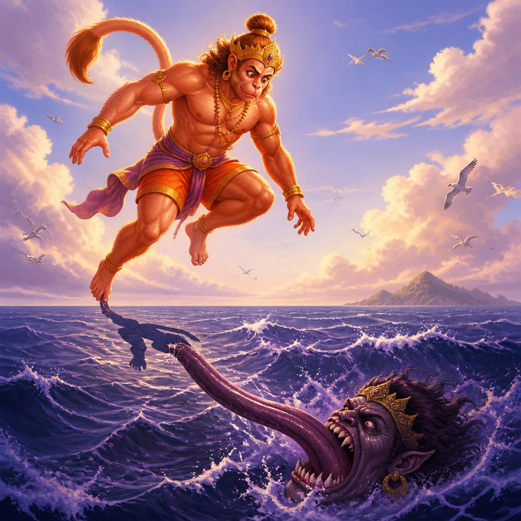 Hanuman suspended above the ocean as a shadow-tongue rises from the deep and grips his shadow on the water.
