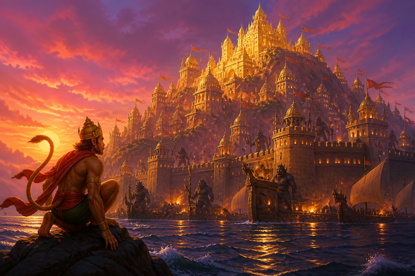 Lanka rising from the ocean as a jeweled city