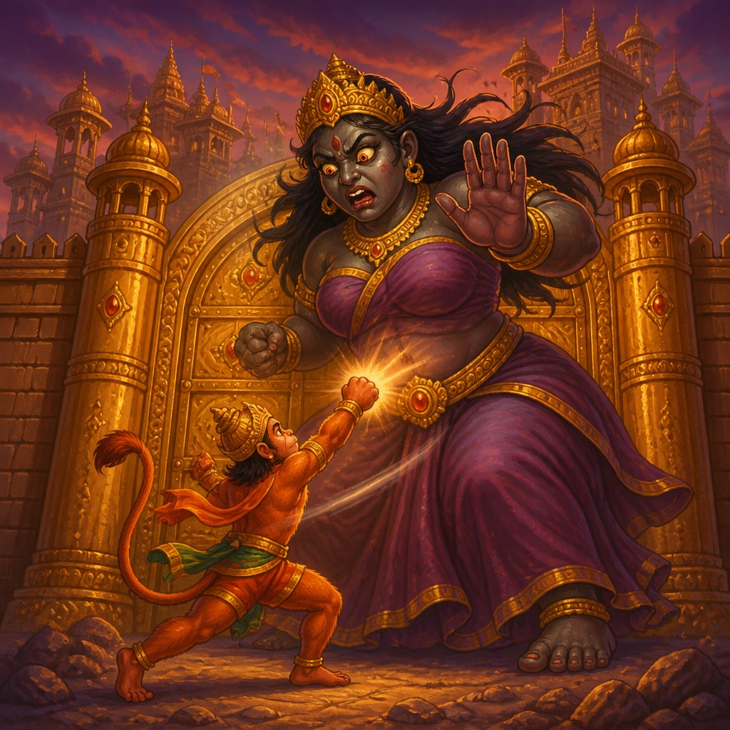 Lankini looming above the cat-sized Hanuman at the iron gate of Lanka, her hand frozen at the moment of impact.