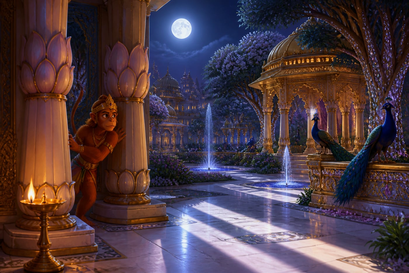 Jeweled palace garden of Lanka under moonlight