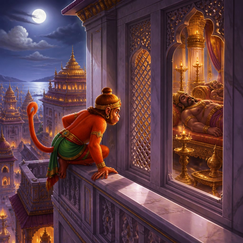 Cat-sized Hanuman on a moonlit balcony of a Lankan mansion, peering through carved lattice into the sleeping chamber within.