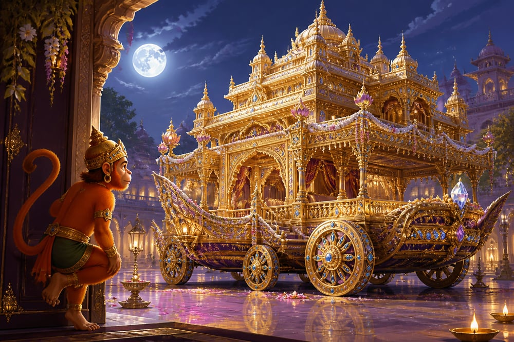 The Pushpaka Vimana flying chariot in moonlit courtyard