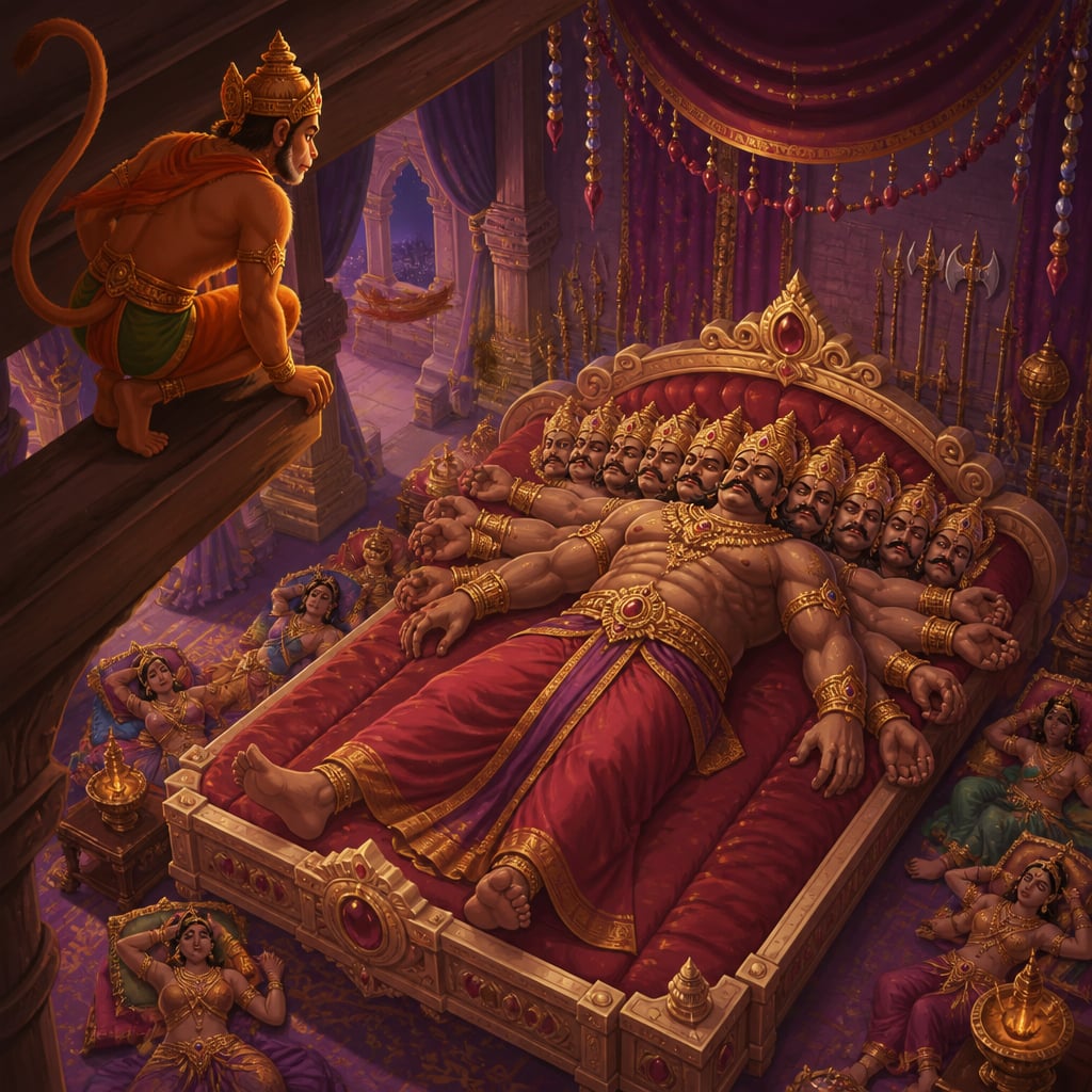 Tiny Hanuman perched on a high beam looking down on the ten-headed Ravana asleep on a vast ruby and ivory bed.