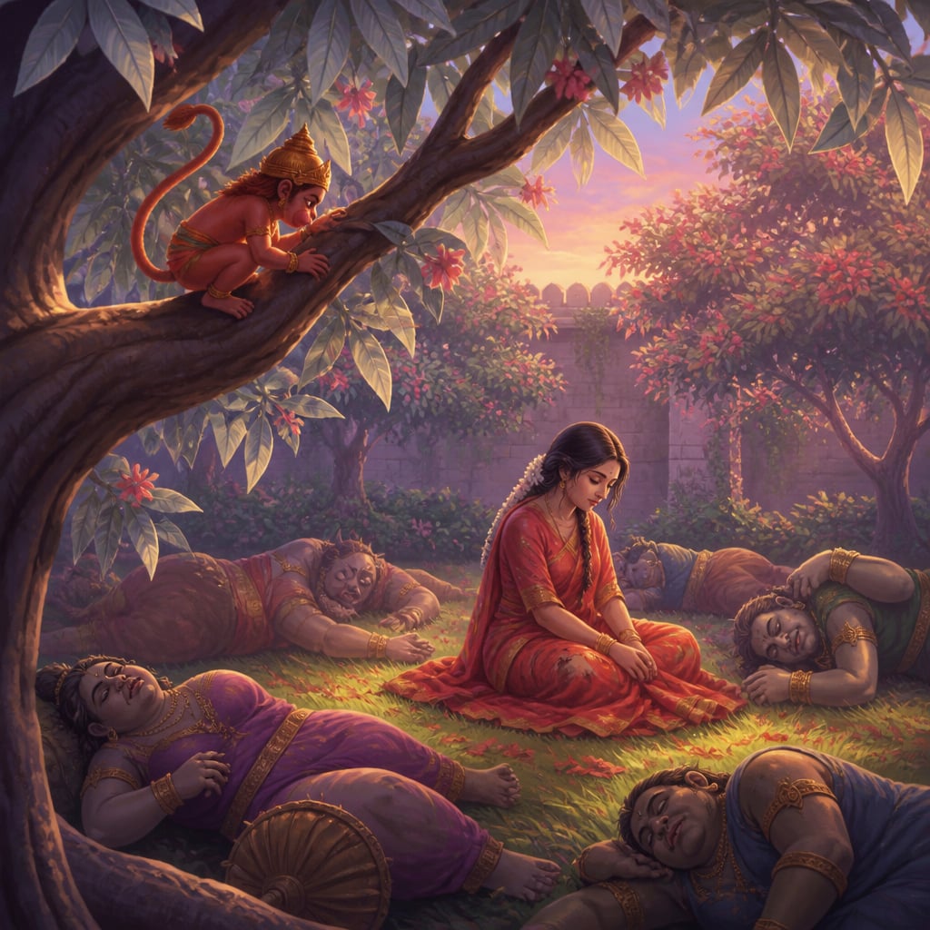Insect-small Hanuman clinging to a Shimshupa branch at dawn, peering down at Sita seated below in a worn red and gold sari.