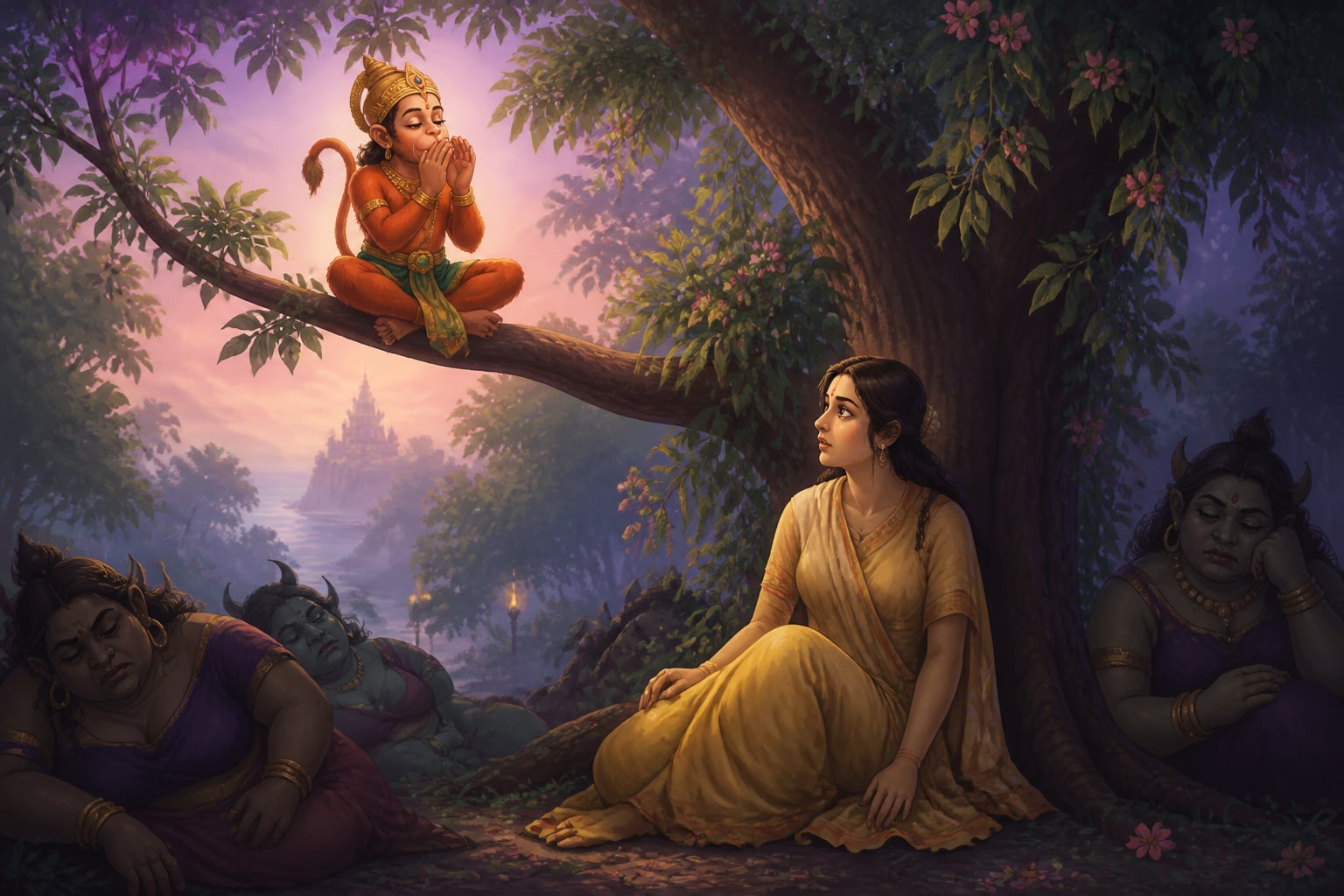 Hanuman softly singing of Ayodhya from the tree