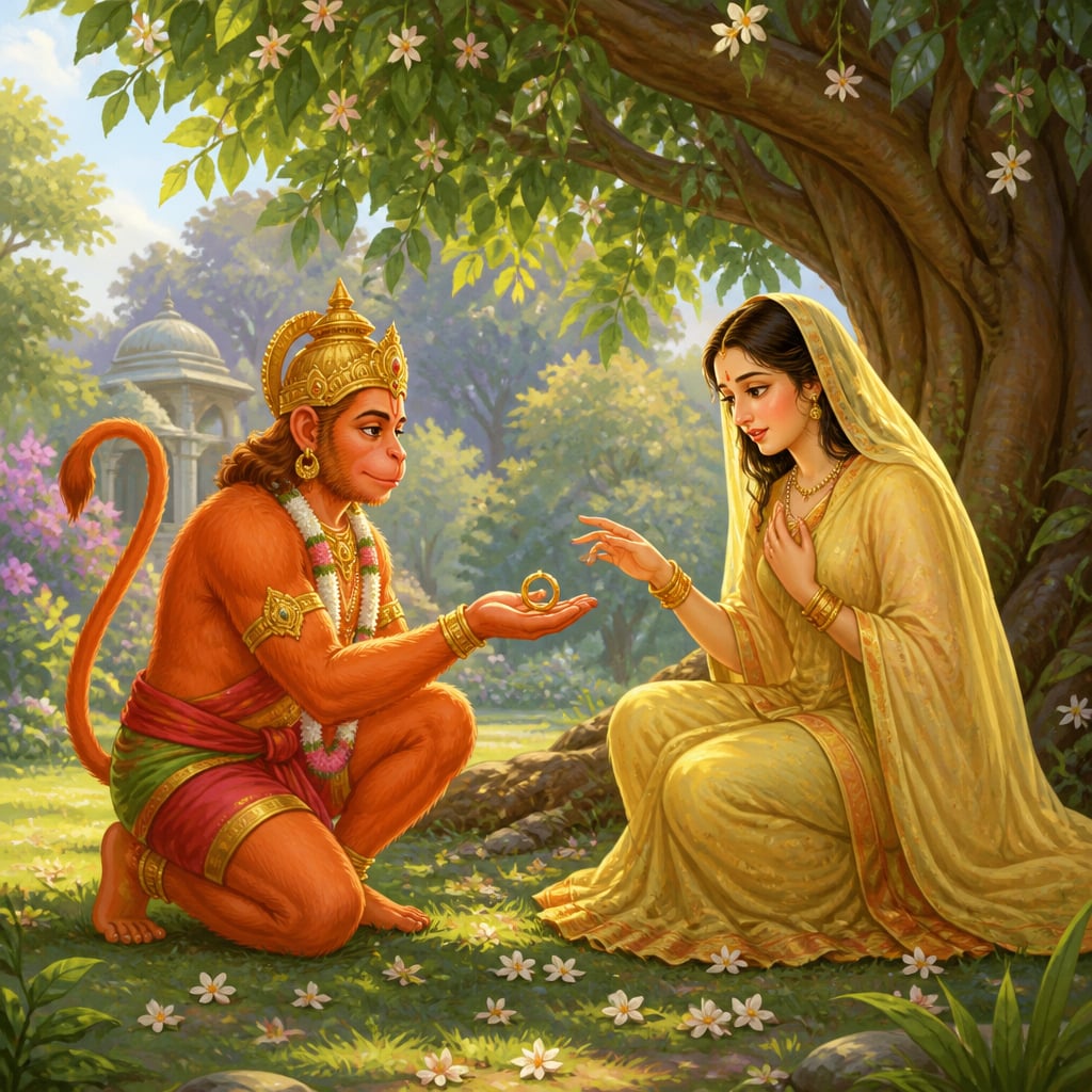 Hanuman kneeling humbly before Sita in the Ashoka grove, offering a small gold signet ring on his open palm.
