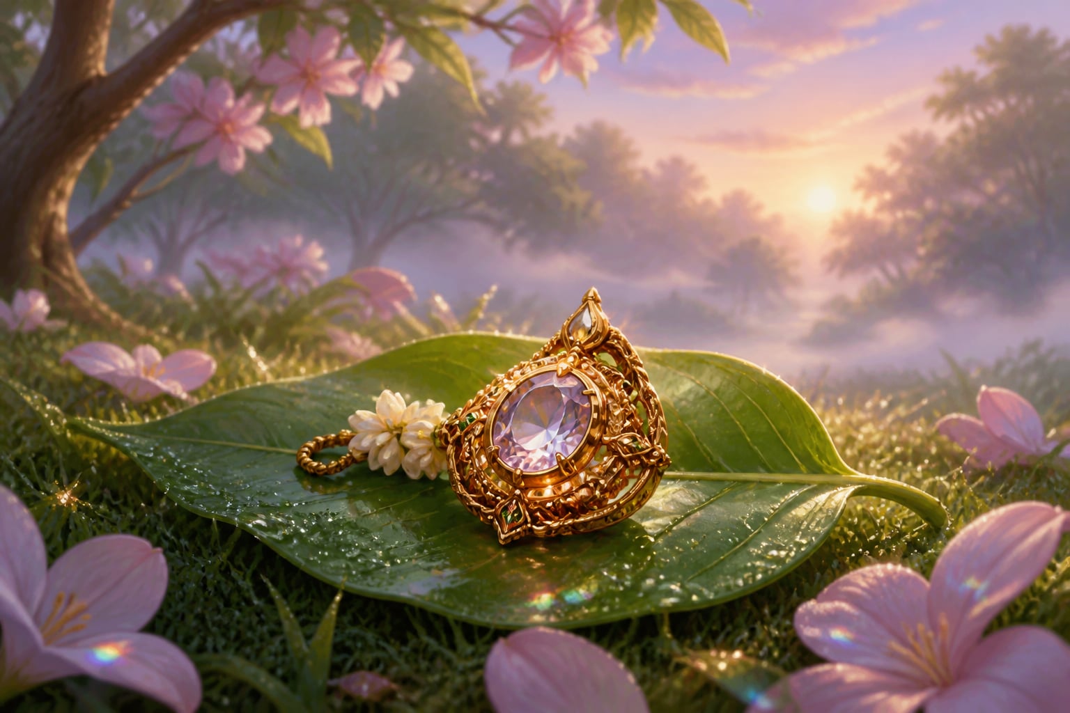 Chudamani jewel resting on an Ashoka leaf at dawn