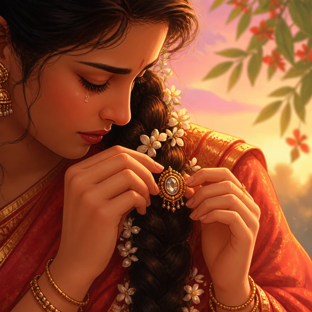 Sita's fingers unfastening the small gold Chudamani crest jewel from her jasmine-entwined hair at dawn.