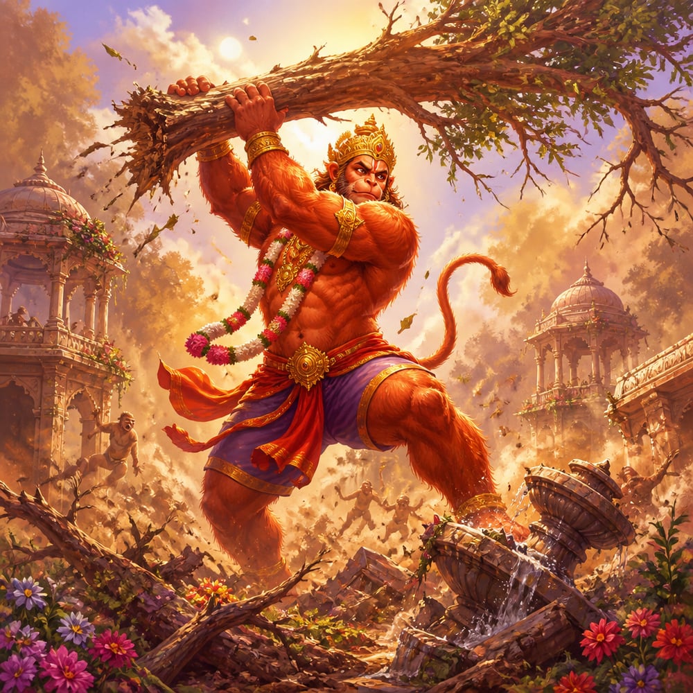 Mountain-sized Hanuman whirling an uprooted tree overhead in the Ashoka grove at high noon, broken pavilions strewn at his feet.