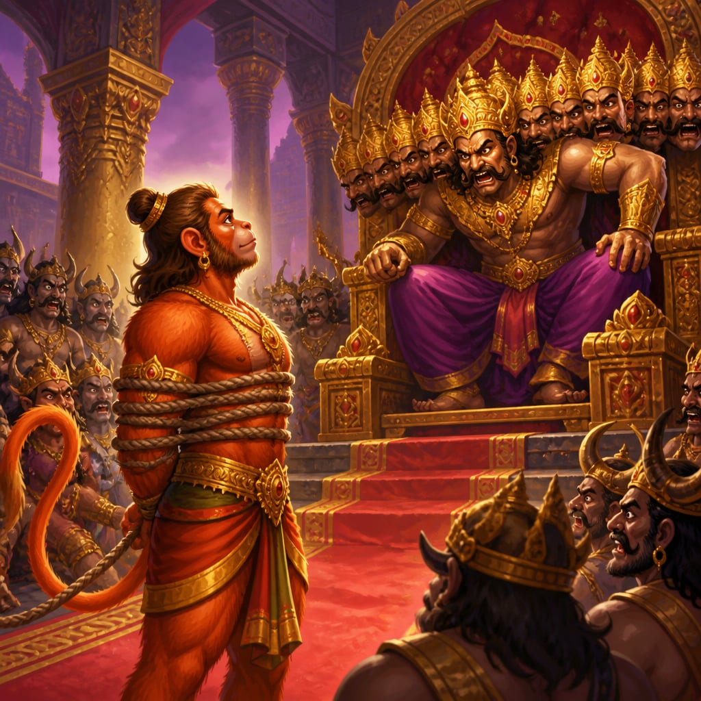Hanuman held in ropes and Brahmastra bindings, standing tall and unbowed before Ravana's vast ruby throne.