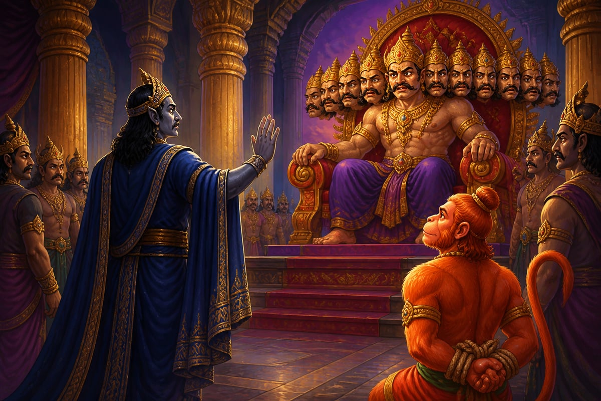 Vibhishana stepping forward to invoke dharma and save Hanuman