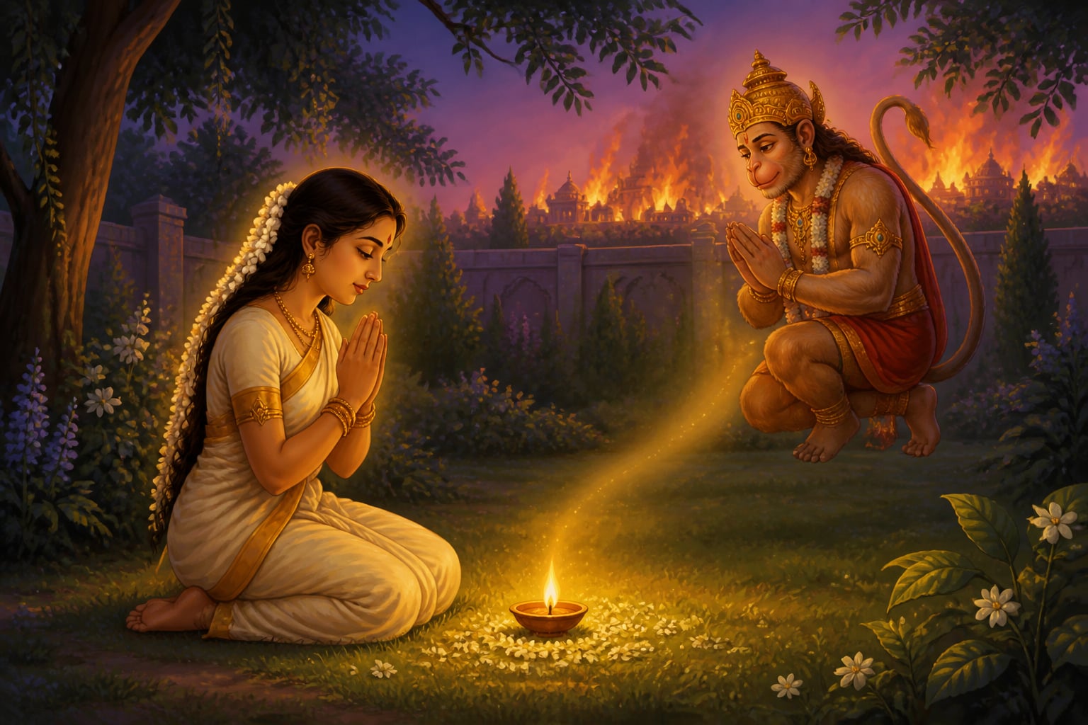 Sita praying to Agni to protect Hanuman from fire