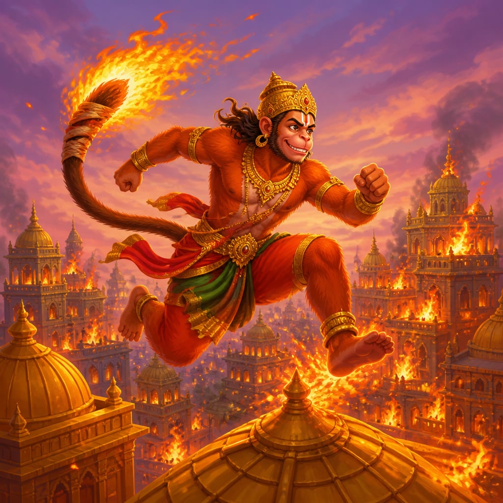 Hanuman mid-stride leaping from one golden Lankan rooftop to the next at dusk, his tail trailing brilliant flame.