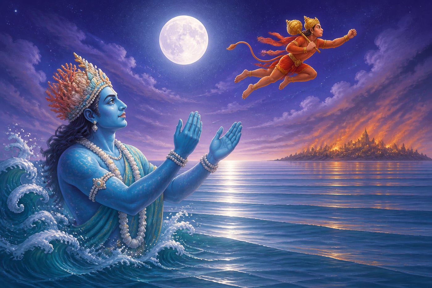 Sagara the ocean god rising to honor Hanuman