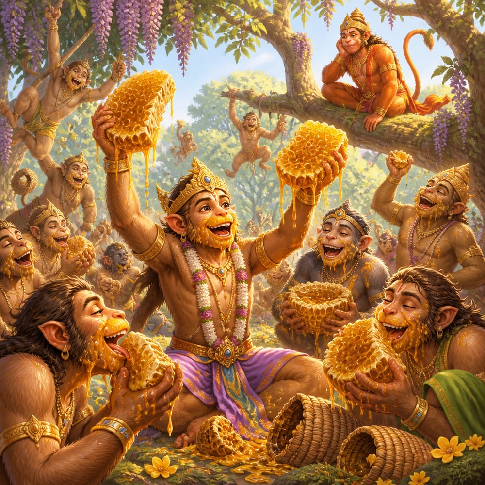 Angada and the vanaras tearing open dripping honeycombs in the royal grove of Madhuvana at midmorning, Hanuman watching amused from a higher branch.