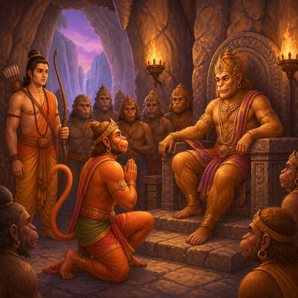 Hanuman kneeling formally on one knee before King Sugriva on his rocky throne in the Kishkindha cave palace, Lakshmana alert at the side.