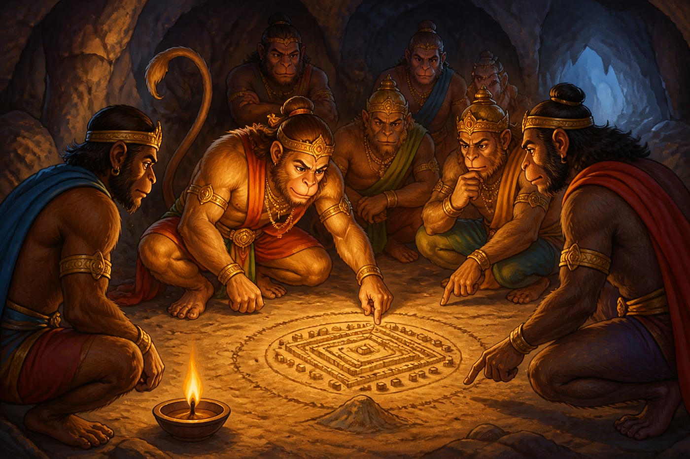 Hanuman sketching Lanka's defenses in cave dust