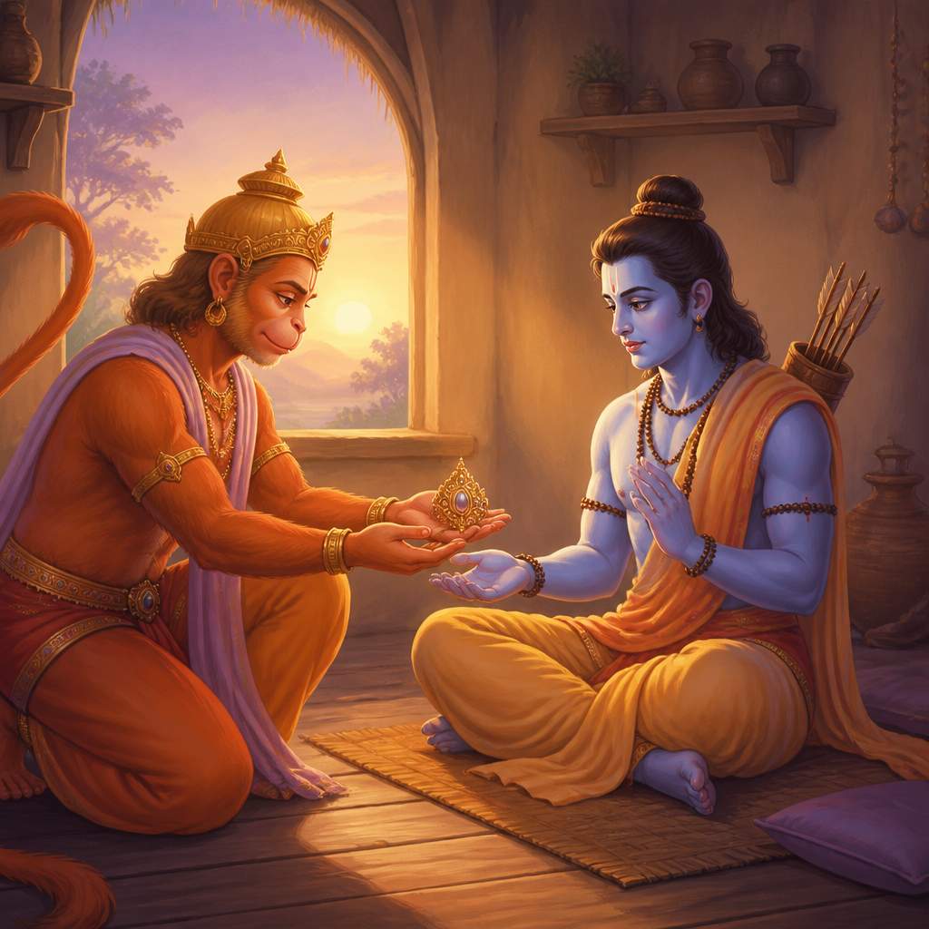Hanuman gently placing the small gold Chudamani into the open palm of blue-skinned Rama, seated cross-legged on a simple woven mat at dawn.