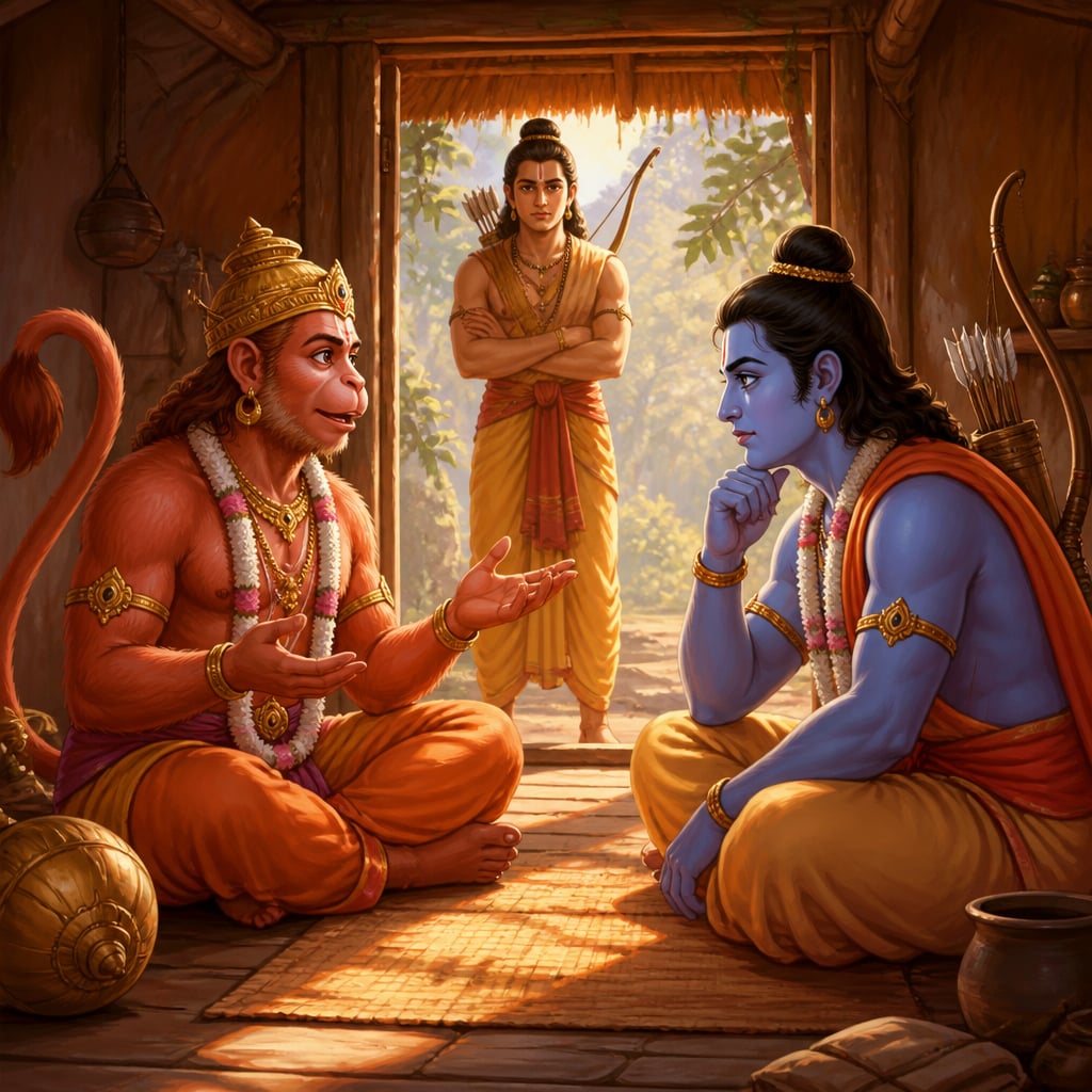 Hanuman seated cross-legged on the hermitage floor at midmorning, recounting Sita's message to Rama, who listens with chin resting on his fist.