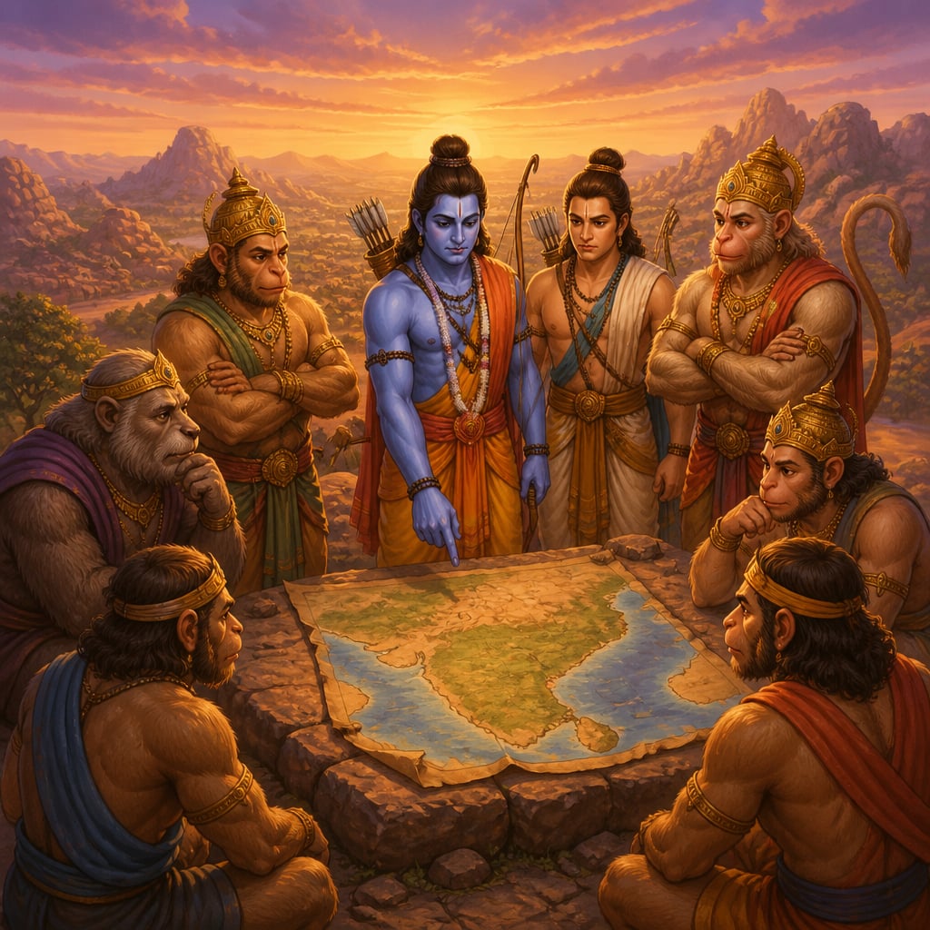 Rama at the center of a circle of vanara generals at sunset on a hilltop above Kishkindha, a leather map of the southern coast spread on a flat stone between them.