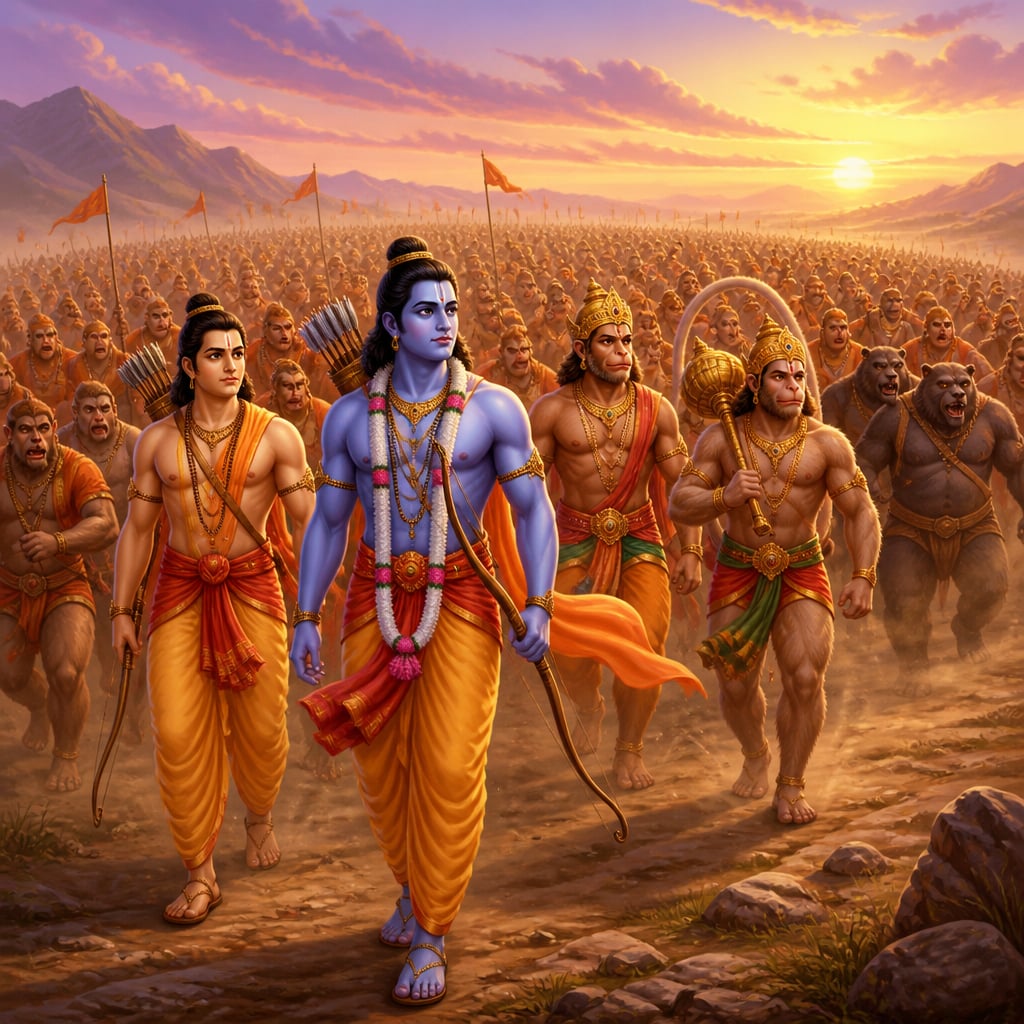 Rama leading a vast vanara host southward across an open plain at sunrise, Lakshmana at his shoulder and the army filling the horizon.