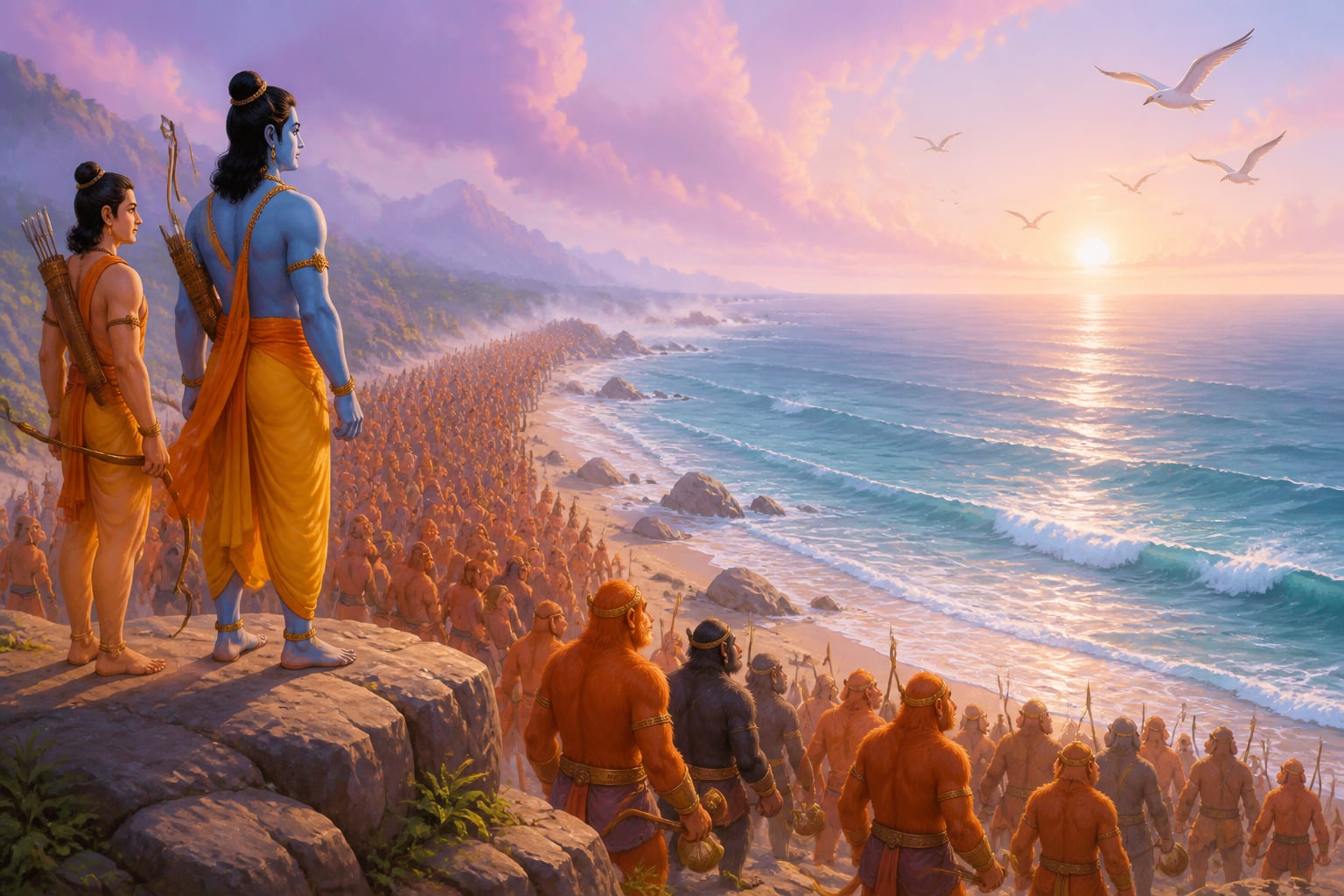 Vanara army assembled along the ocean shore at dawn
