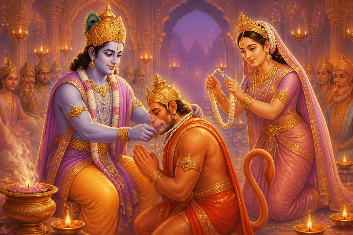 Rama and Sita gifting the pearl necklace to Hanuman