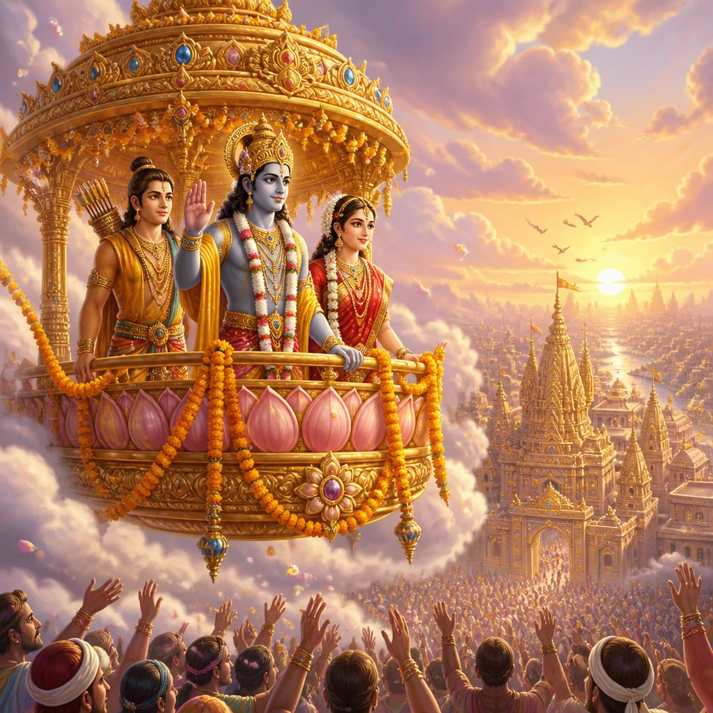 Pushpaka Vimana descends through morning clouds toward Ayodhya, with Rama, Sita, and Lakshmana visible at its open edge.