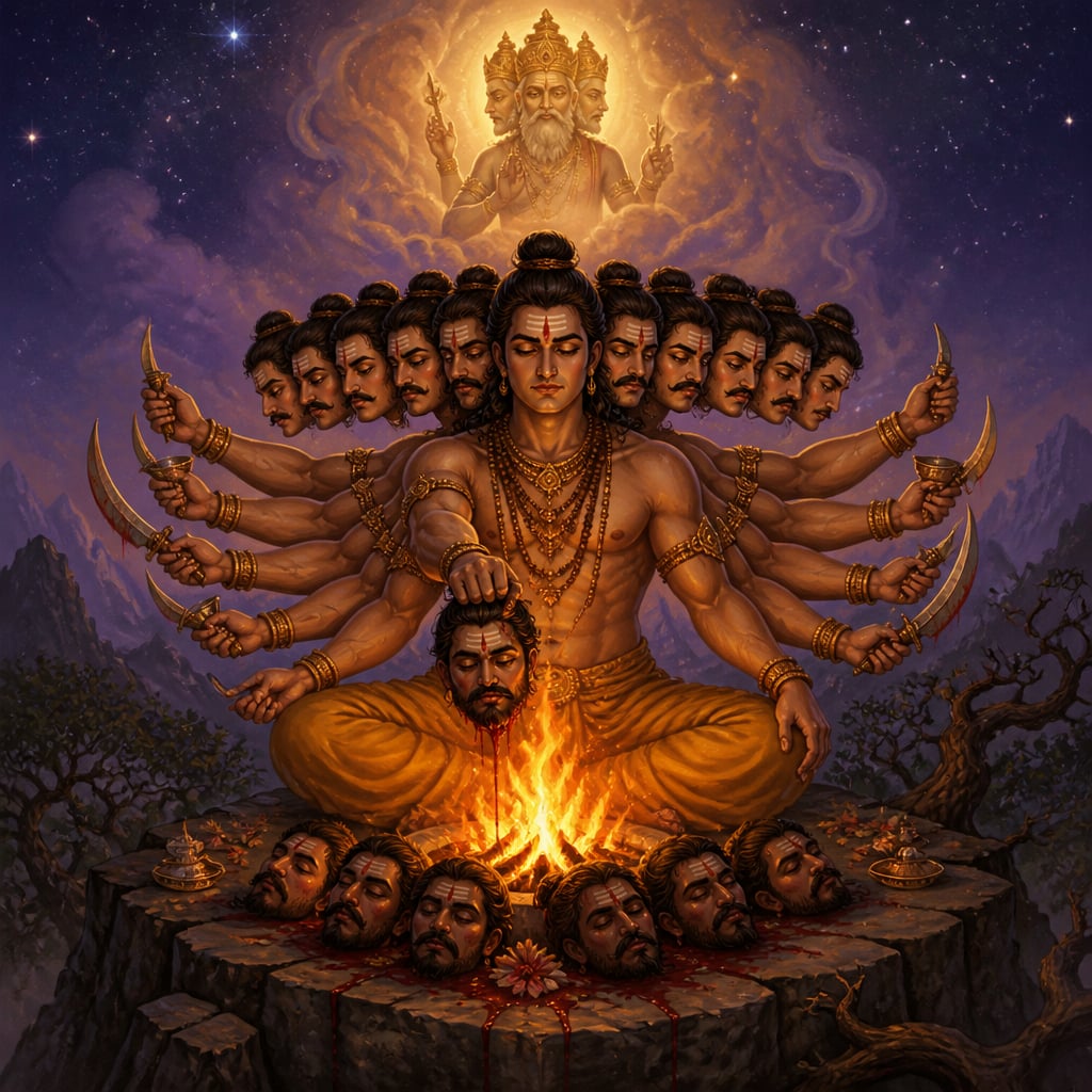 A young ten-headed Ravana performs fierce penance on a stone crag, offering his severed heads into a sacrificial fire as Brahma's glow gathers above.