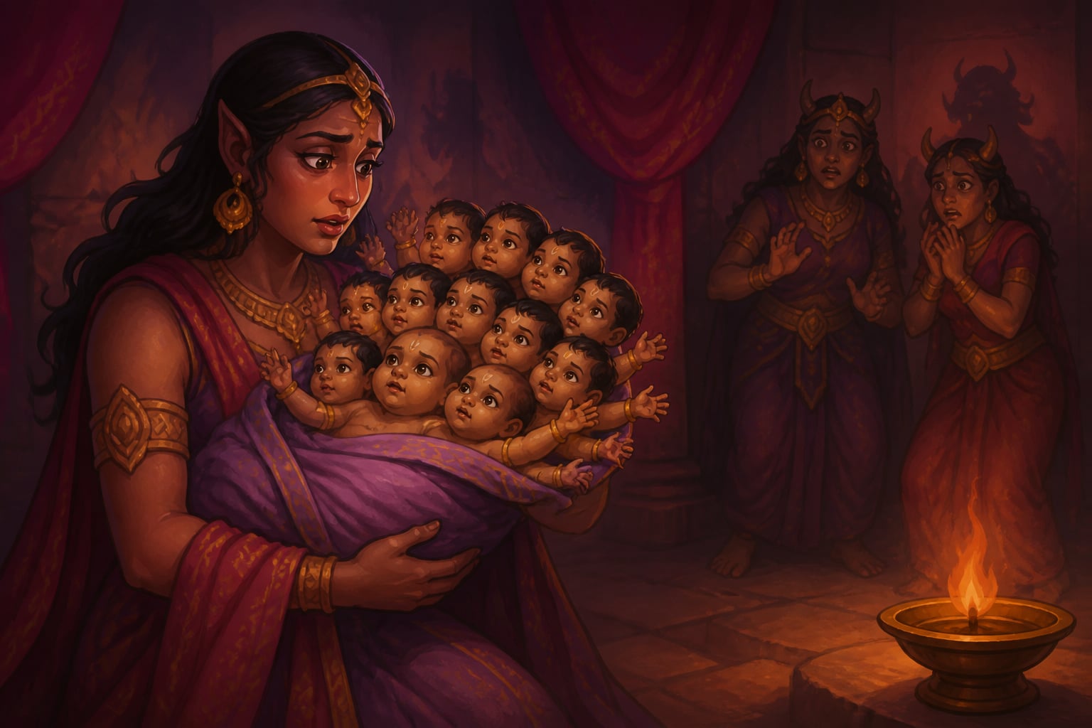 The newborn Ravana with ten heads in his mother's arms