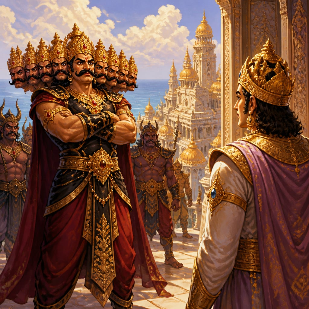 Ravana stands menacingly at the marble gates of Lanka, demanding that his half-brother Kubera surrender the golden city.